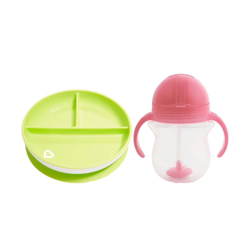 Munchkin Sabit Vakumlu Beslenme Tabağı &Tıklama Uçlu Pipetli Alıştırma Bardağı 6AY+ YEŞİL&PEMBE 2'li Paket