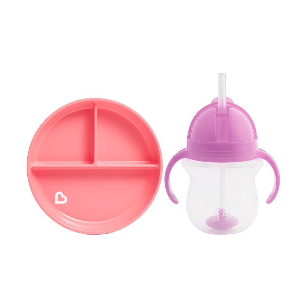 Sabit Vakumlu Beslenme Tabağı &Tıklama Uçlu Pipetli Alıştırma Bardağı 6AY+ PEMBE&MOR 2'li Paket