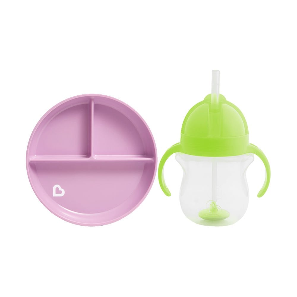 Munchkin Sabit Vakumlu Beslenme Tabağı &Tıklama Uçlu Pipetli Alıştırma Bardağı 6AY+ MOR&YEŞİL2'li Paket