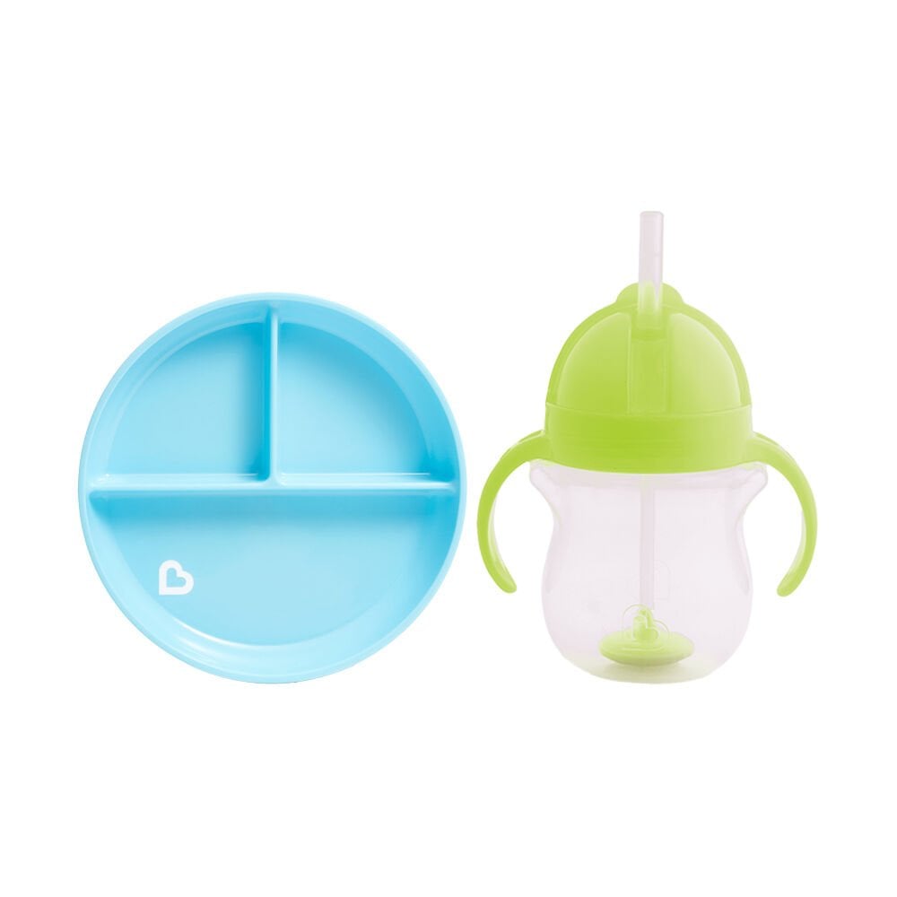 Sabit Vakumlu Beslenme Tabağı &Tıklama Uçlu Pipetli Alıştırma Bardağı 6AY+ MAVİ&YEŞİL 2'li Paket