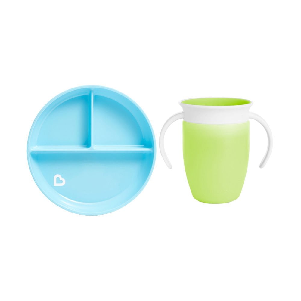 Munchkin Sabit Vakumlu Beslenme Tabağı & Mucize 360 Alıştırma Bardağı 6AY+ MAVİ&YEŞİL 2li paket
