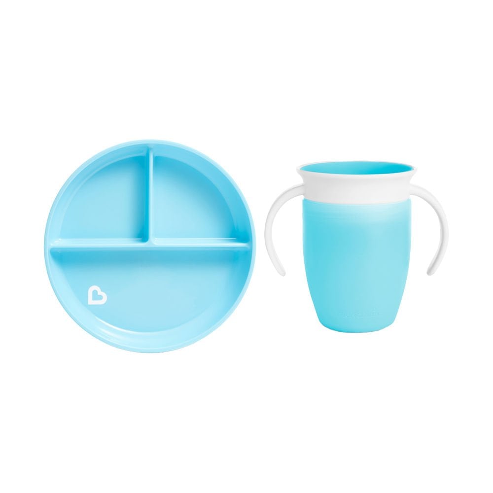 Munchkin Sabit Vakumlu Beslenme Tabağı & Mucize 360 Alıştırma Bardağı 6AY+ MAVİ&MAVİ 2li paket
