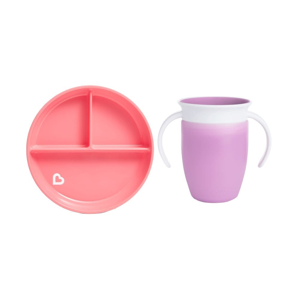 Munchkin Sabit Vakumlu Beslenme Tabağı &Mucize 360 Alıştırma Bardağı 6AY+ PEMBE&MOR 2li paket