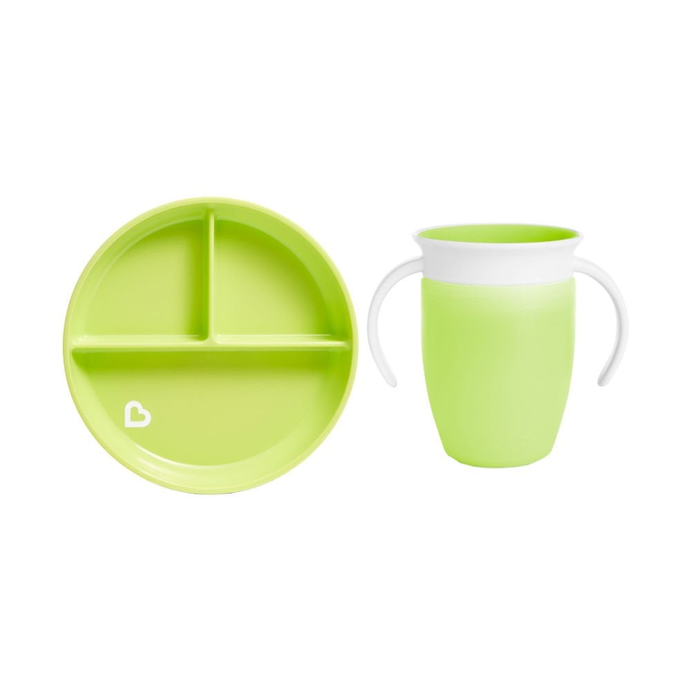 Munchkin Sabit Vakumlu Beslenme Tabağı &Mucize 360 Alıştırma Bardağı 6AY+ YEŞİL&YEŞİL 2li paket