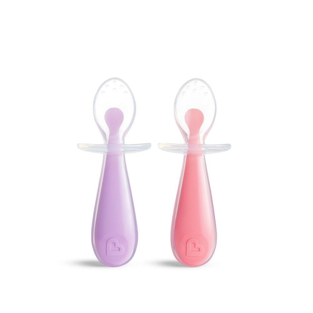Munchkin Yumuşak Uçlu Alıştırma Kaşıkları – 6 Ay+, 2’li Set, Pembe/Mor, BPA İçermez, Masaya Değmeyen Özel Tasarım