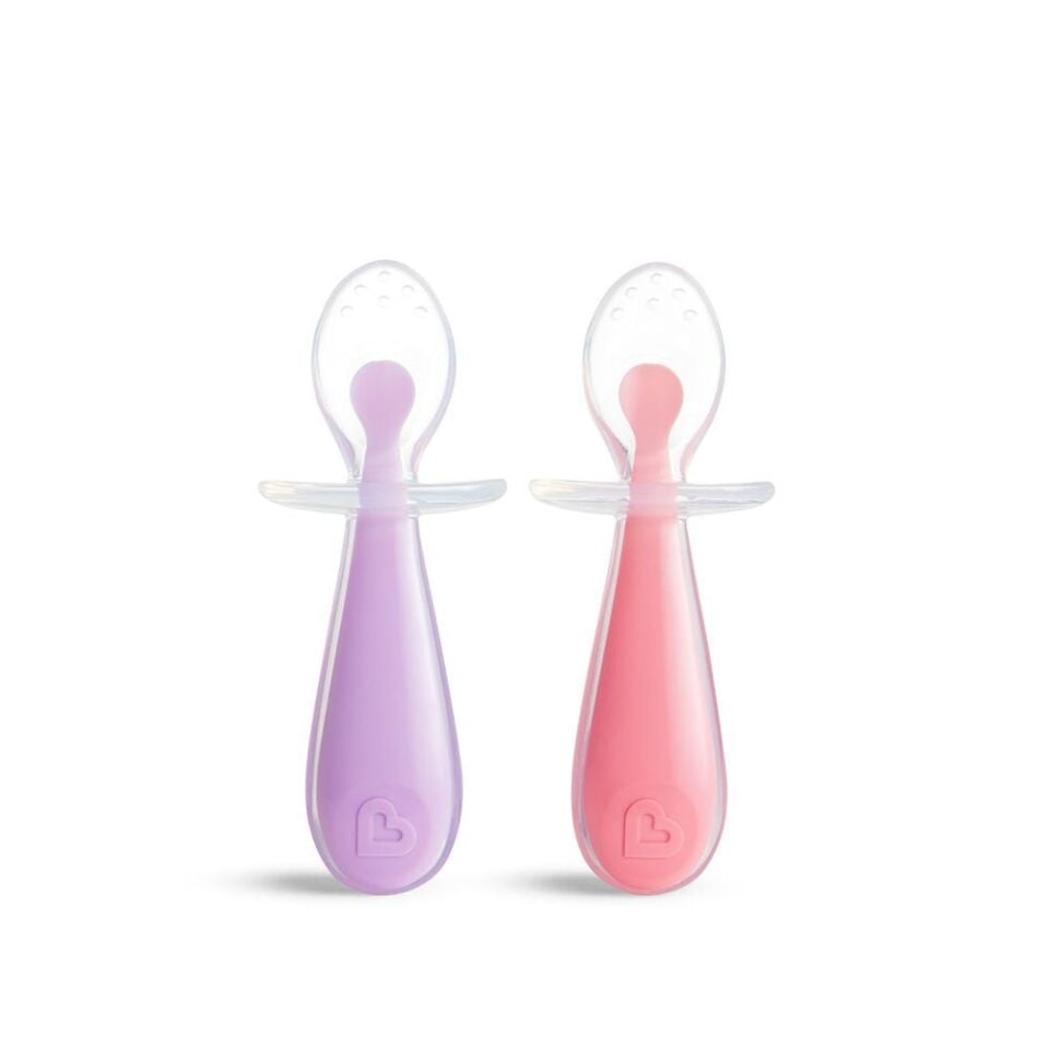 Munchkin Yumuşak Uçlu Alıştırma Kaşıkları – 6 Ay+, 2’li Set, Pembe/Mor, BPA İçermez, Masaya Değmeyen Özel Tasarım
