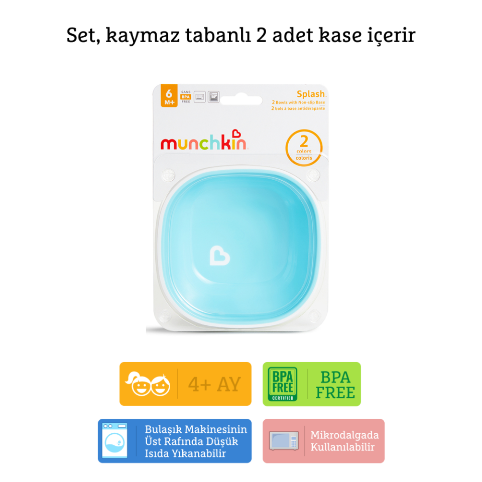 Munchkin Sıçramayı Engelleyen Kase Seti | 6 Ay+ | 2 Adet | Yeşil/Mavi | Kaymaz Taban | BPA İçermez