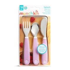Munchkin 3’lü Sıçramayı Önleyici Çocuk Çatal, Kaşık, Bıçak Seti | Mor| 18 Ay+ | BPA İçermez