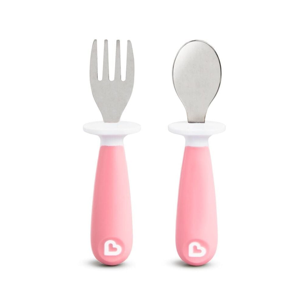 Munchkin Sıçrama Engelleyici Çatal ve Kaşık Seti Pembe 12 ay+ 2 adet BPA içermez ergonomik çocuk çatal kaşık