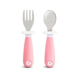 Munchkin Sıçrama Engelleyici Çatal & Kaşık Seti | 12 Ay+ | 2 Adet | Pembe | BPA İçermez | Masaya Değmeyen Özel Tasarım