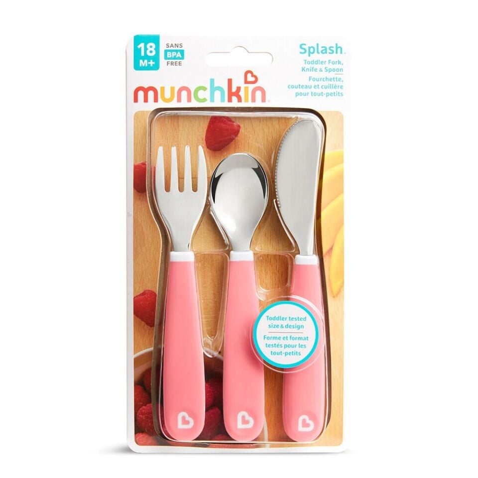 Munchkin 3’lü Sıçramayı Önleyici Çocuk Çatal, Kaşık, Bıçak Seti | Pembe | 18 Ay+ | BPA İçermez