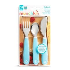 Munchkin 3’lü Sıçramayı Önleyici Çocuk Çatal, Kaşık, Bıçak Seti | Mavi  18 Ay+ | BPA İçermez