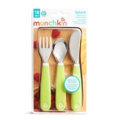 Munchkin 3’lü Sıçramayı Önleyici Çocuk Çatal, Kaşık, Bıçak Seti | Yeşil| 18 Ay+ | BPA İçermez