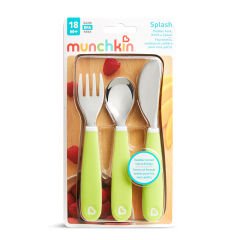 Munchkin 3’lü Sıçramayı Önleyici Çocuk Çatal, Kaşık, Bıçak Seti | Yeşil| 18 Ay+ | BPA İçermez