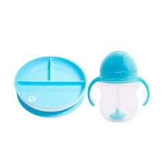 Munchkin Sabit Vakumlu Beslenme Tabağı & Tıklama Uçlu Pipetli Alıştırma Bardağı 6AY+ MAVİ&MAVİ 2li paket