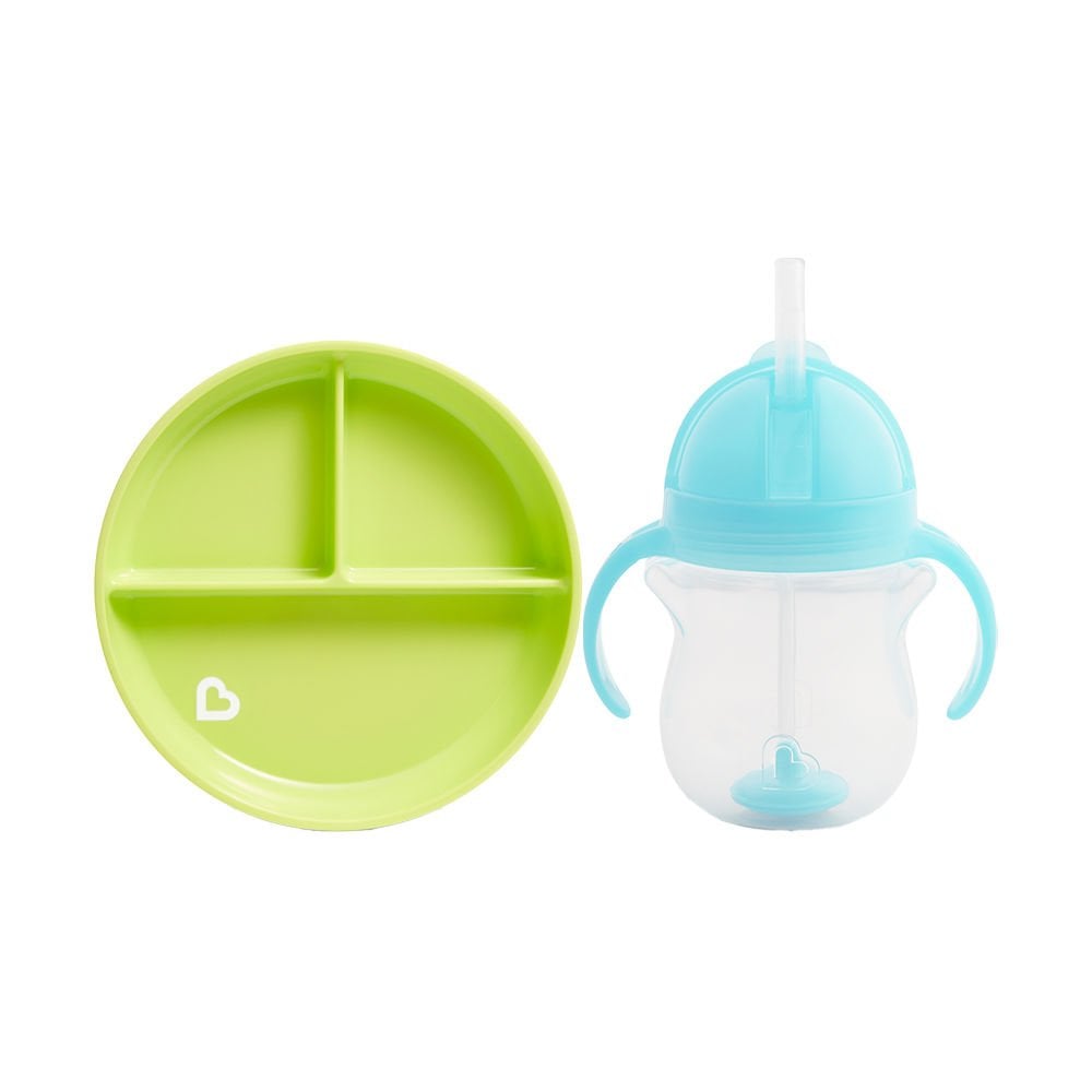 Sabit Vakumlu Beslenme Tabağı &Tıklama Uçlu Pipetli  Alıştırma Bardağı 6AY+ YEŞİL&MAVİ  2'li Paket