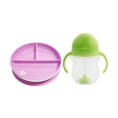 Munchkin Sabit Vakumlu Beslenme Tabağı &Tıklama Uçlu  Pipetli Alıştırma Bardağı 6AY+ MOR&YEŞİL2'li Paket