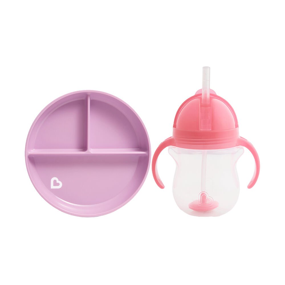 Munchkin Sabit Vakumlu Beslenme Tabağı &Tıklama Uçlu Pipetli Alıştırma Bardağı 6AY+ MOR&PEMBE  2'li Paket
