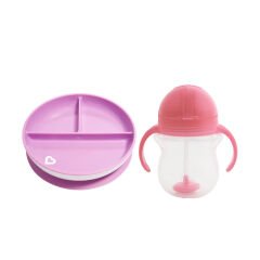 Munchkin Sabit Vakumlu Beslenme Tabağı &Tıklama Uçlu Pipetli Alıştırma Bardağı 6AY+ MOR&PEMBE  2'li Paket