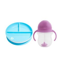 Sabit Vakumlu Beslenme Tabağı &Tıklama Uçlu Pipetli Alıştırma Bardağı 6AY+ MAVİ&MOR 2'li Paket