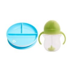 Sabit Vakumlu Beslenme Tabağı &Tıklama Uçlu Pipetli  Alıştırma Bardağı 6AY+ MAVİ&YEŞİL  2'li Paket