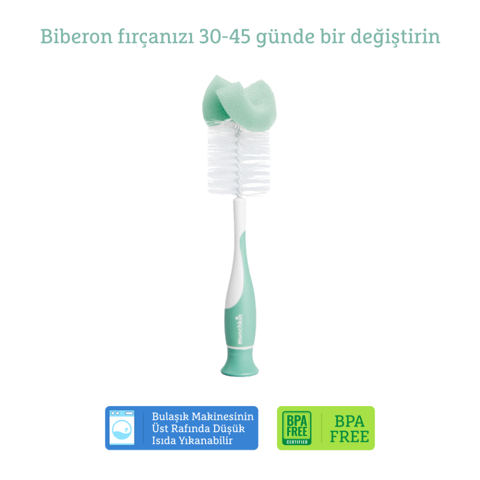 Munchkin Bristle Sünger Uçlu Biberon, Bardak ve Şişe Temizleme Fırçası | 1 Adet | Vakumlu Taban | Yeşil