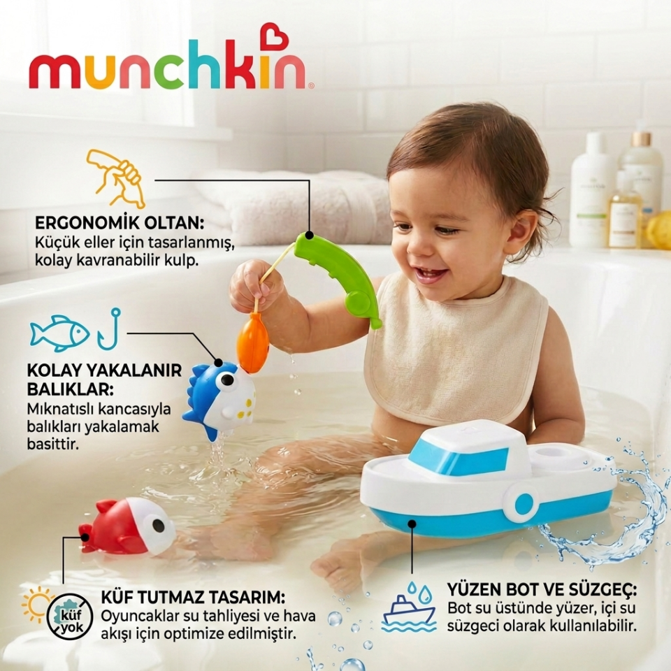 Munchkin Derin Deniz Balıkçılığı, Manyetik Balık, Tekne ve Olta ile Çocuk Banyo Oyuncağı, 24+ Ay