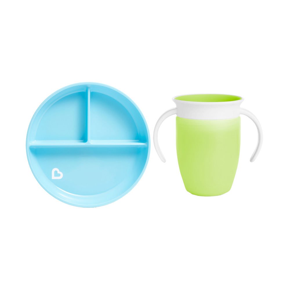 Munchkin Sabit Vakumlu Beslenme Tabağı & Mucize 360 Alıştırma Bardağı 6AY+ MAVİ&YEŞİL 2li paket