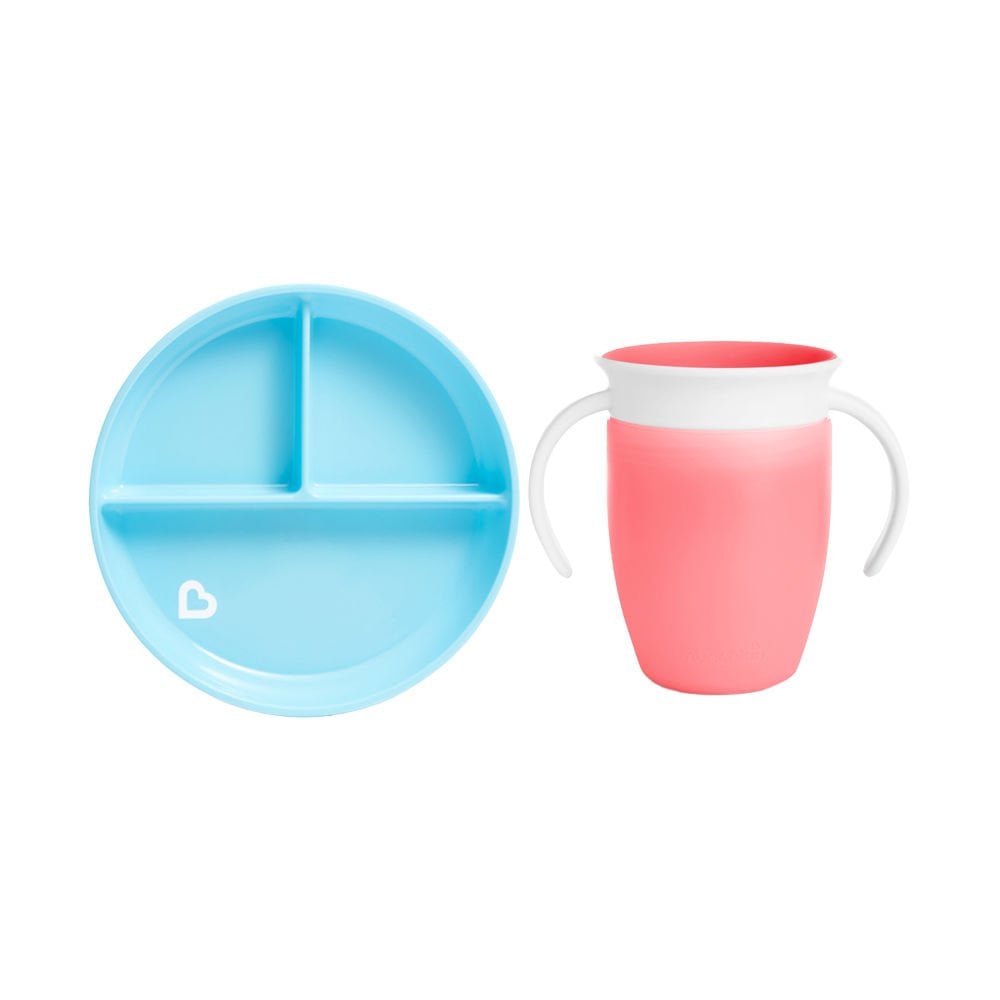 Munchkin Sabit Vakumlu Beslenme Tabağı  &Mucize 360 Alıştırma Bardağı 6AY+ MAVİ&PEMBE  2li paket
