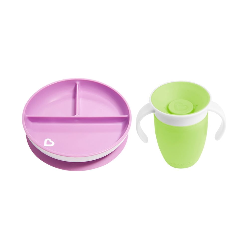 Munchkin Sabit Vakumlu Beslenme Tabağı  &Mucize 360 Alıştırma Bardağı 6AY+ MOR&YEŞİL2li paket