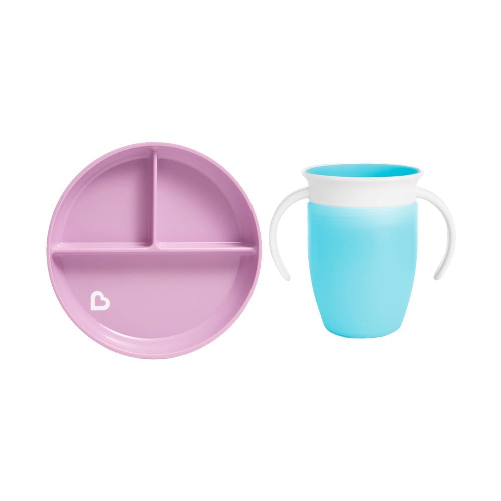 Munchkin Sabit Vakumlu Beslenme Tabağı &Mucize 360 Alıştırma Bardağı 6AY+ MAVİ&MOR 2li paket