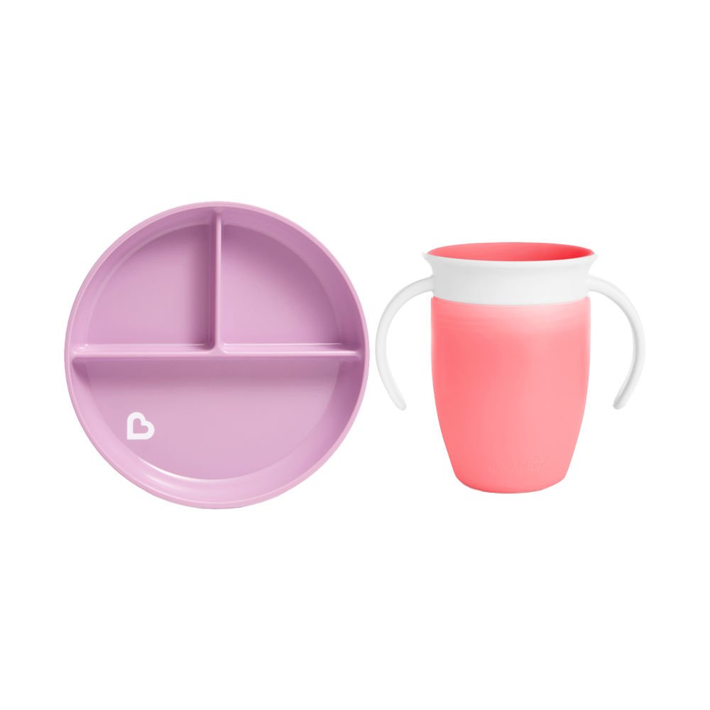 Munchkin Sabit Vakumlu Beslenme Tabağı  &Mucize 360 Alıştırma Bardağı 6AY+ MOR&PEMBE 2li paket
