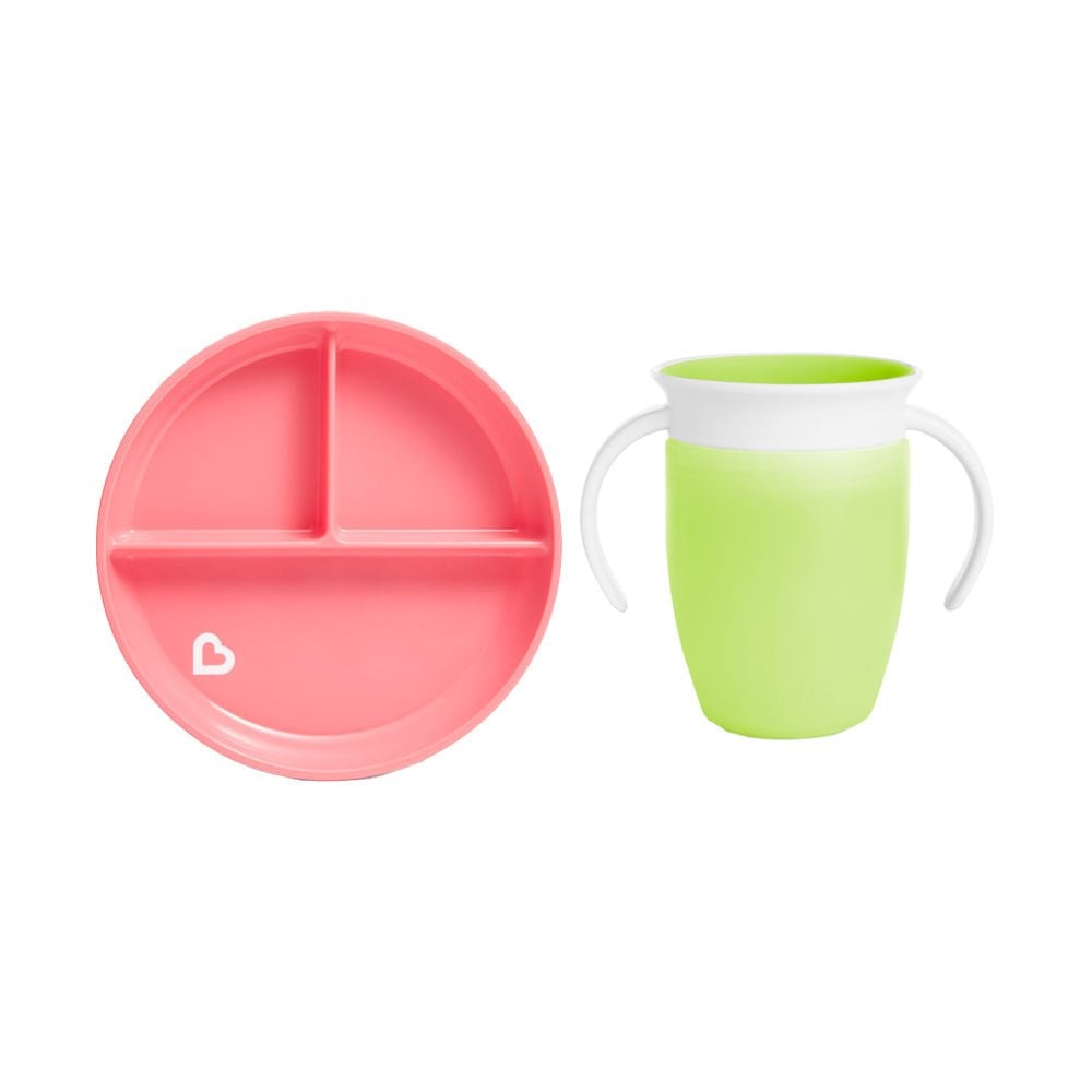 Munchkin Sabit Vakumlu Beslenme Tabağı  &Mucize 360 Alıştırma Bardağı 6AY+ PEMBE&YEŞİL  2li paket