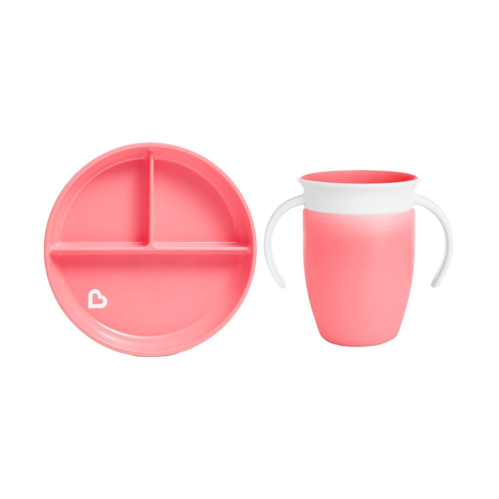 Munchkin Sabit Vakumlu Beslenme Tabağı & Mucize 360 Alıştırma Bardağı 6AY+ PEMBE&PEMBE 2li paket