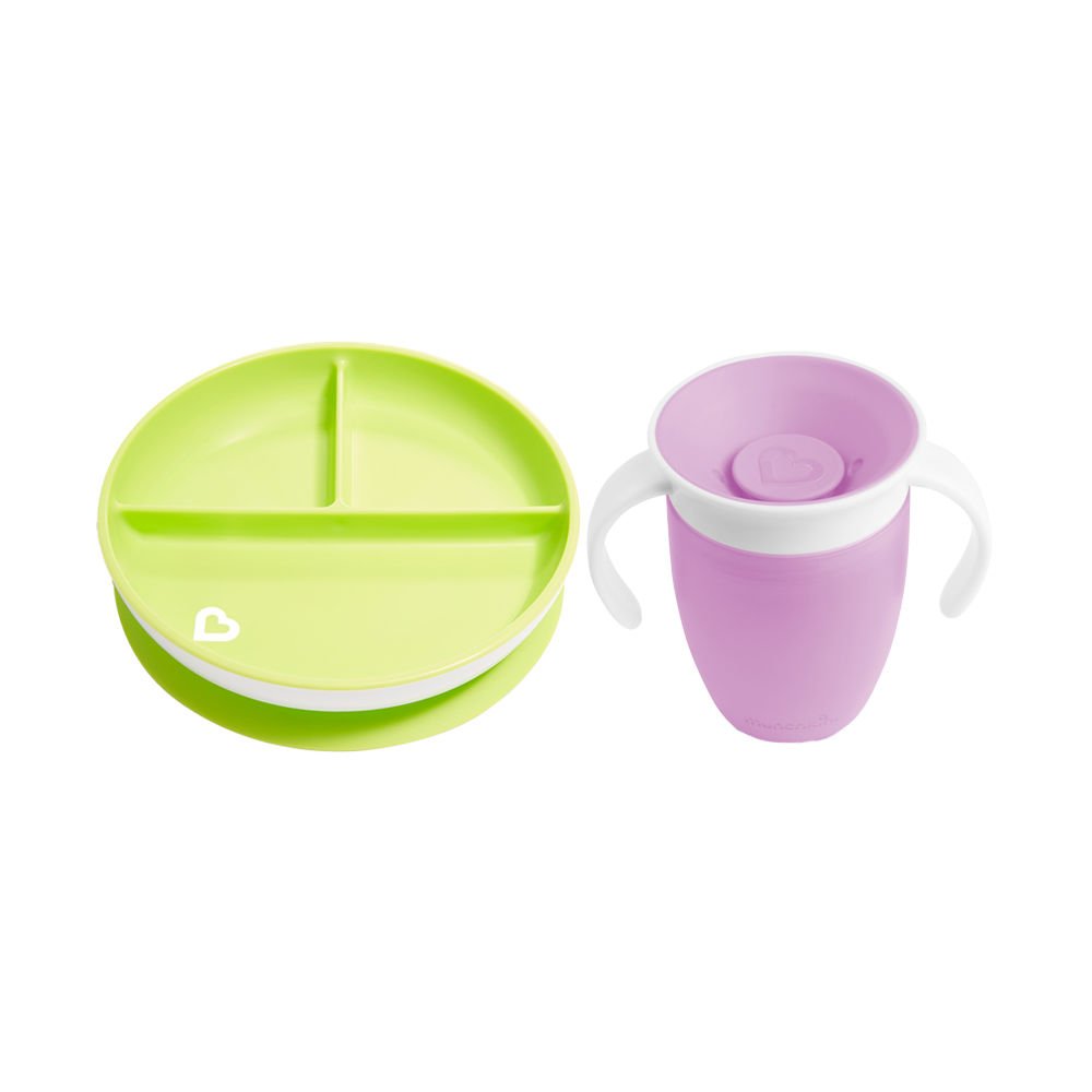 Munchkin Sabit Vakumlu Beslenme Tabağı & Mucize 360 Alıştırma Bardağı 6AY+ YEŞİL&MOR  2li paket