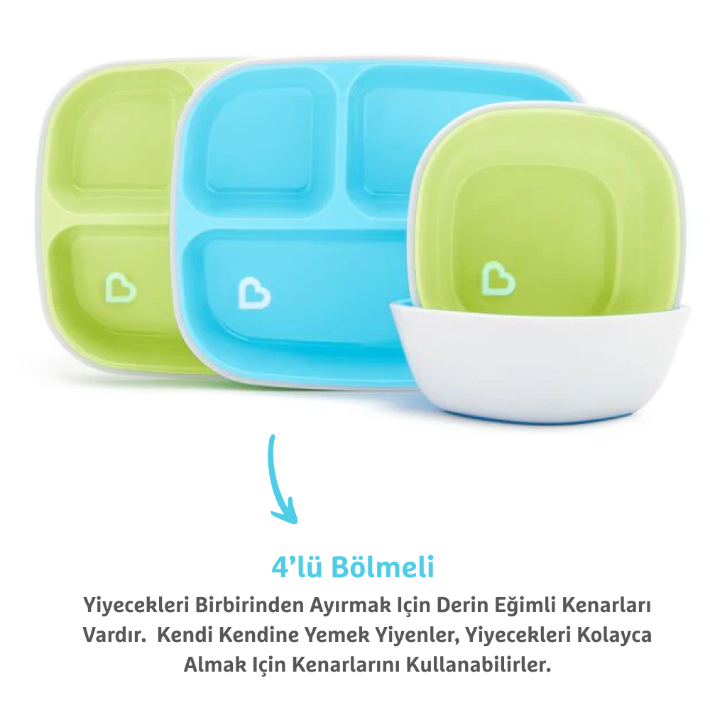 Munchkin® Splash™ 4'lü Bölmeli Tabak ve 2li Kase Seti  6AY+ Mavi/yeşil