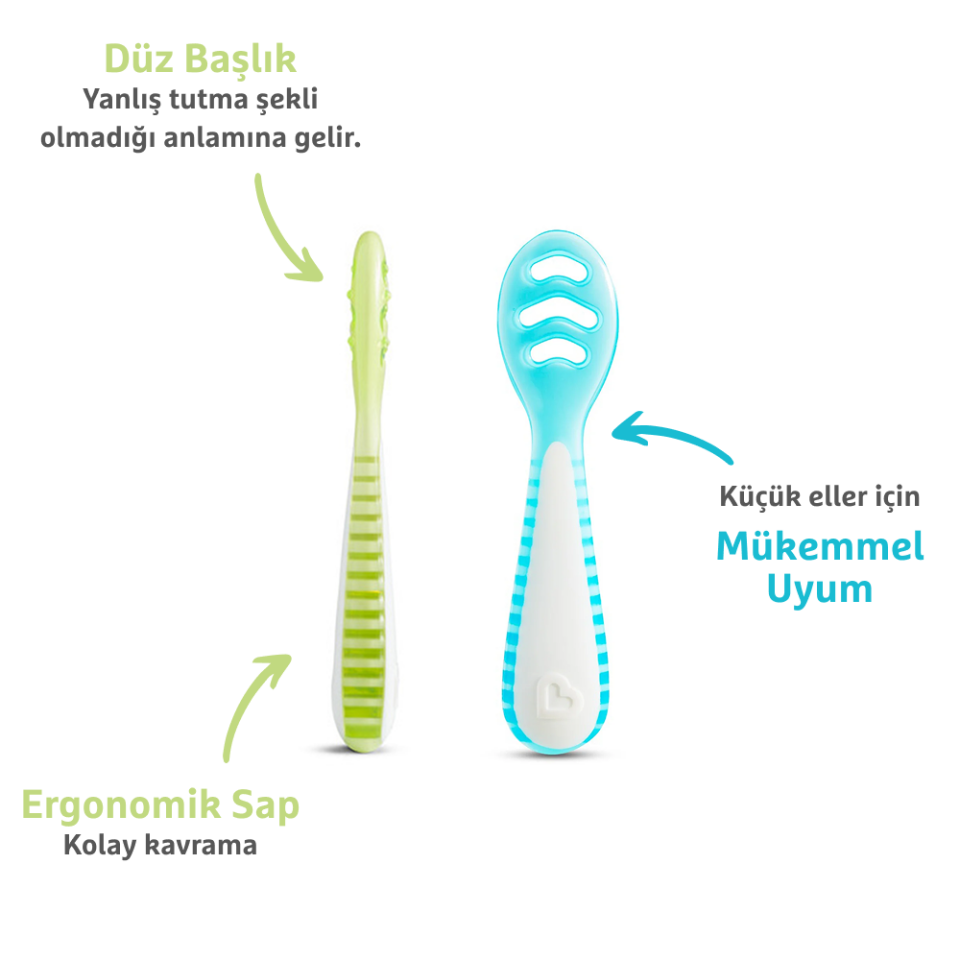 Munchkin Gentle Dip İlk Bebek Kaşığı | 2’li Set | 4 Ay+ | Aşamalı Beslenme | BPA İçermez | Unisex |Mavi/Yeşil
