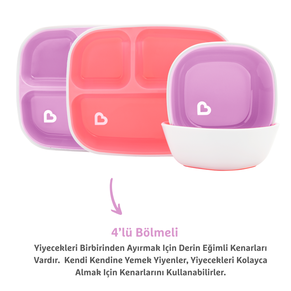 Munchkin® Splash™ 4'lü Bölmeli Tabak ve 2li Kase Seti 6AY+ Pembe/Mor