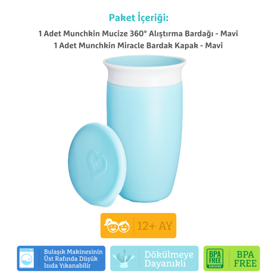 Munchkin Mucize 360° Alıştırma Bardağı, 12ay+, 296ml Mavi Bardak Kapağı İle Birlikte
