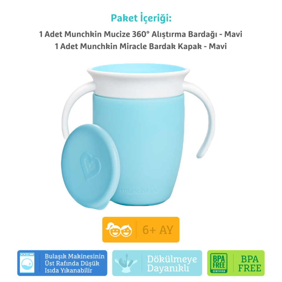 Munchkin Mucize 360° Alıştırma Bardağı, 6ay+, 207ml, Mavi Bardak Kapağı İle Birlikte