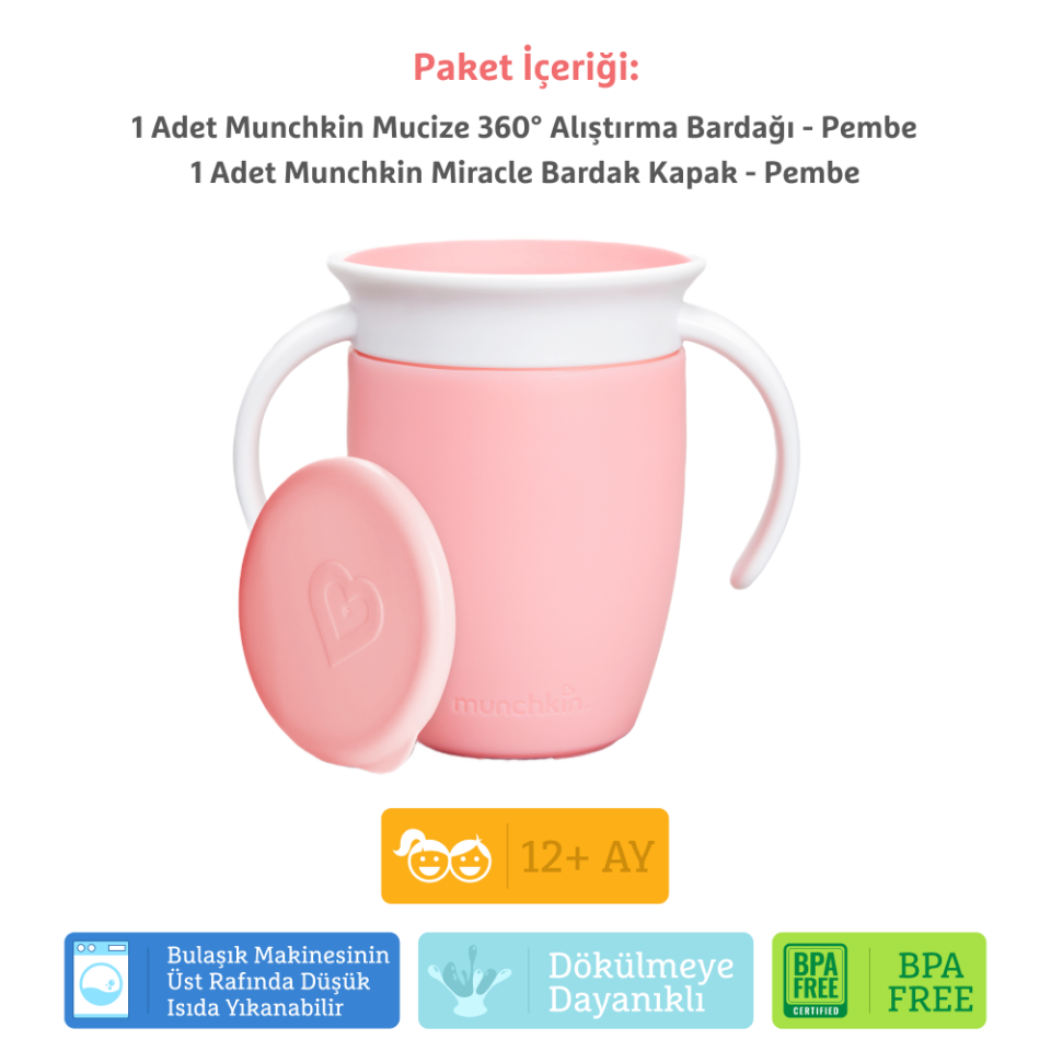 Munchkin Mucize 360° Alıştırma Bardağı, 6ay+, 207ml, Pembe Bardak Kapağı İle Birlikte