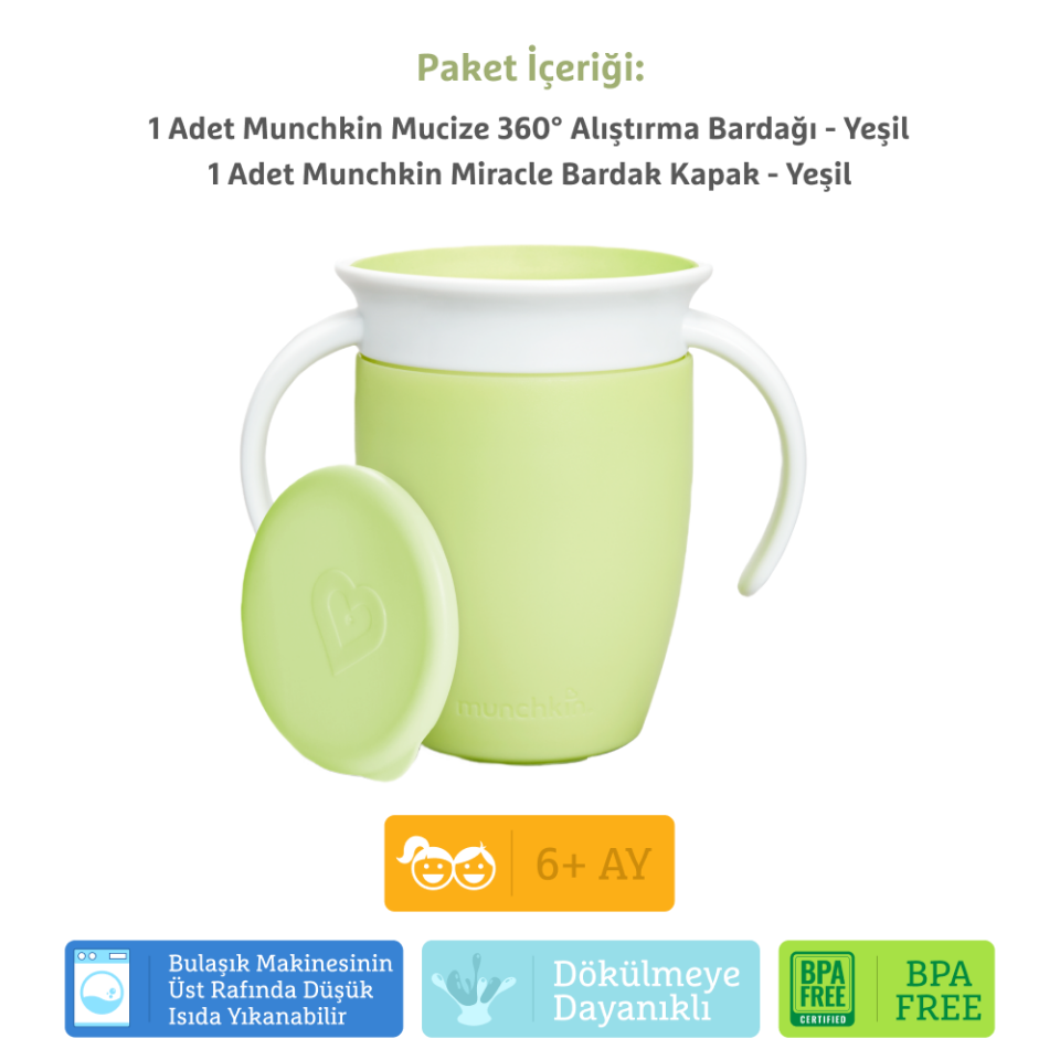 Munchkin Mucize 360° Alıştırma Bardağı, 6ay+, 207ml, Yeşil  Bardak Kapağı İle Birlikte