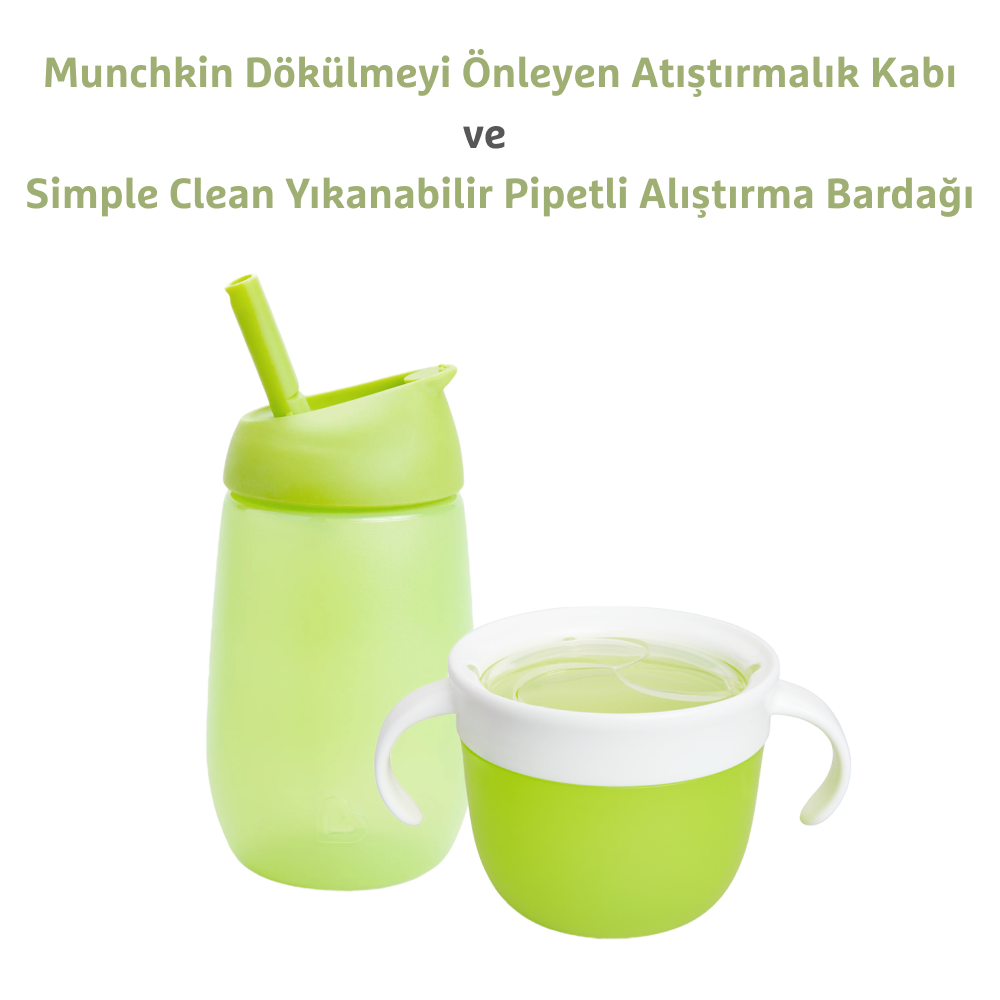 Munchkin Dökülmeyi Önleyen Atıştırmalık Kabı 266 ml + Simple Clean Yıkanabilir Pipetli Alıştırma Bardağı 296 ml (12 Ay+, Yeşil Set)