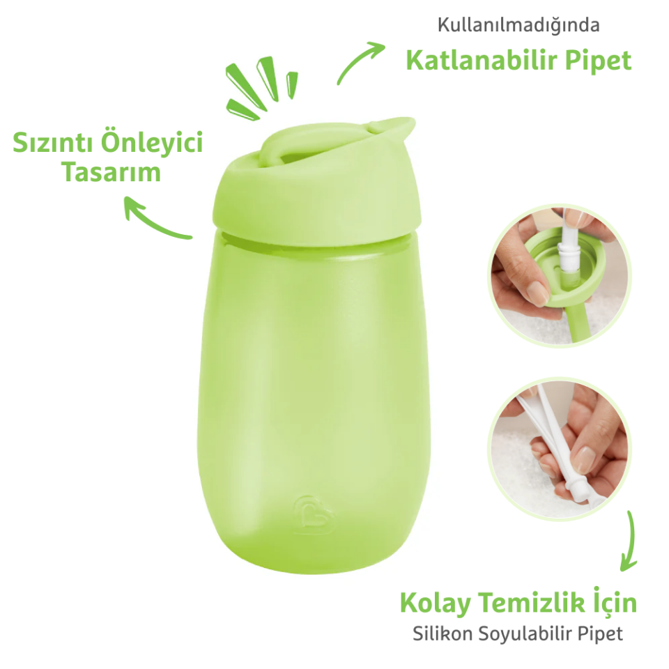 Munchkin Dökülmeyi Önleyen Atıştırmalık Kabı 266 ml + Simple Clean Yıkanabilir Pipetli Alıştırma Bardağı 296 ml (12 Ay+, Yeşil Set)