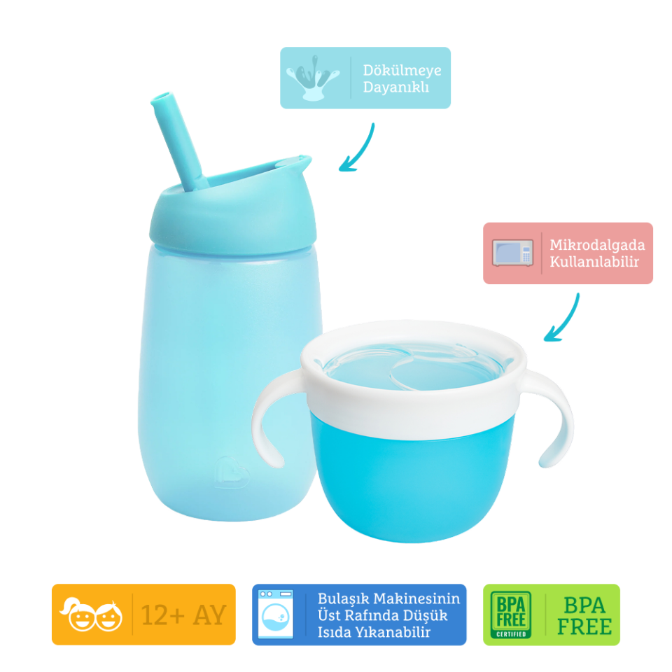 Munchkin Dökülmeyi Önleyen Atıştırmalık Kabı 266 ml + Simple Clean Yıkanabilir Pipetli Alıştırma Bardağı 296 ml (12 Ay+, Mavi Set)