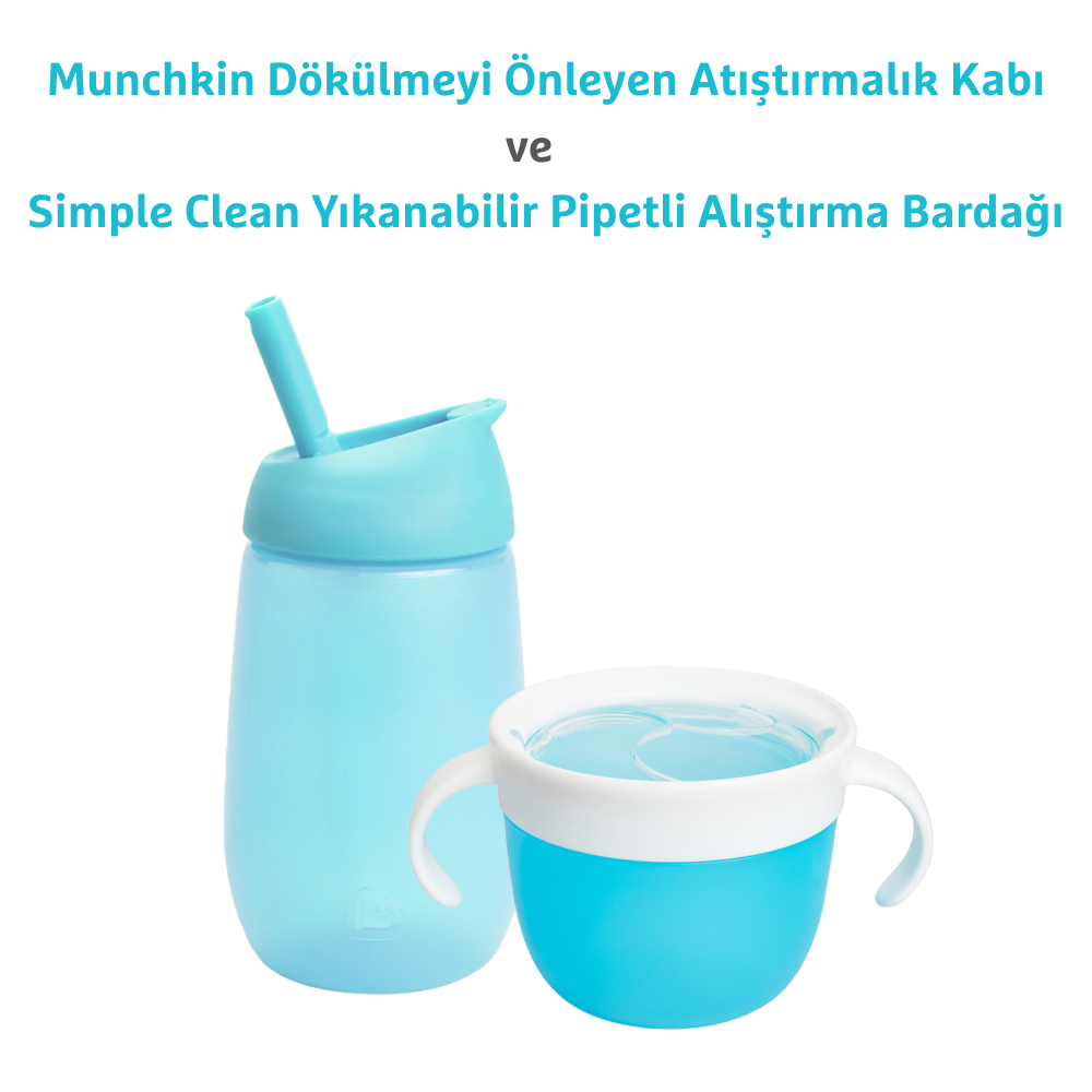Munchkin Dökülmeyi Önleyen Atıştırmalık Kabı 266 ml + Simple Clean Yıkanabilir Pipetli Alıştırma Bardağı 296 ml (12 Ay+, Mavi Set)