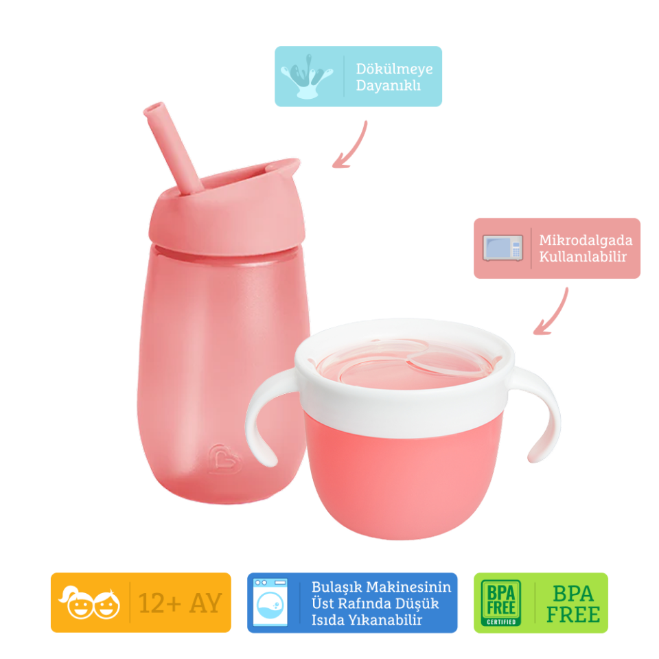 Munchkin Dökülmeyi Önleyen Atıştırmalık Kabı 266 ml + Simple Clean Yıkanabilir Pipetli Alıştırma Bardağı 296 ml (12 Ay+, Pembe Set)
