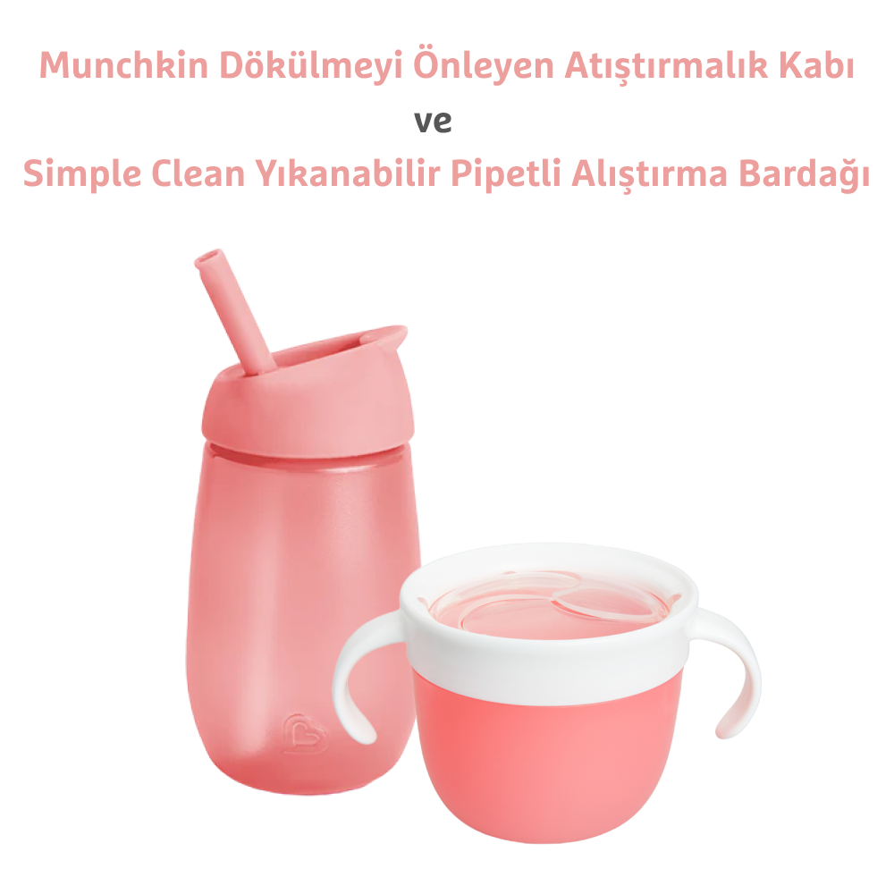 Munchkin Dökülmeyi Önleyen Atıştırmalık Kabı 266 ml + Simple Clean Yıkanabilir Pipetli Alıştırma Bardağı 296 ml (12 Ay+, Pembe Set)