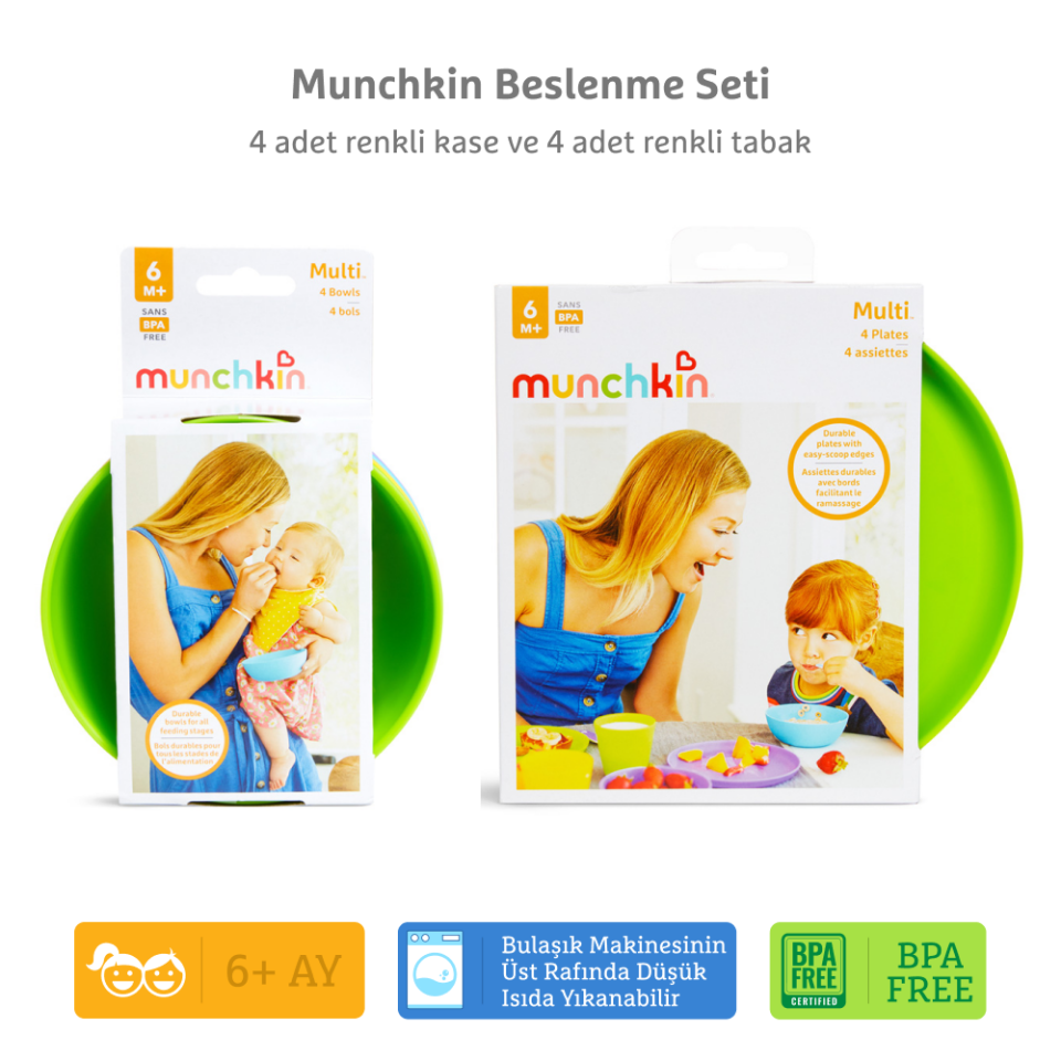 Munchkin Beslenme Seti(4 adet kase ve 4 adet tabak) Renkli,BPA İçermez