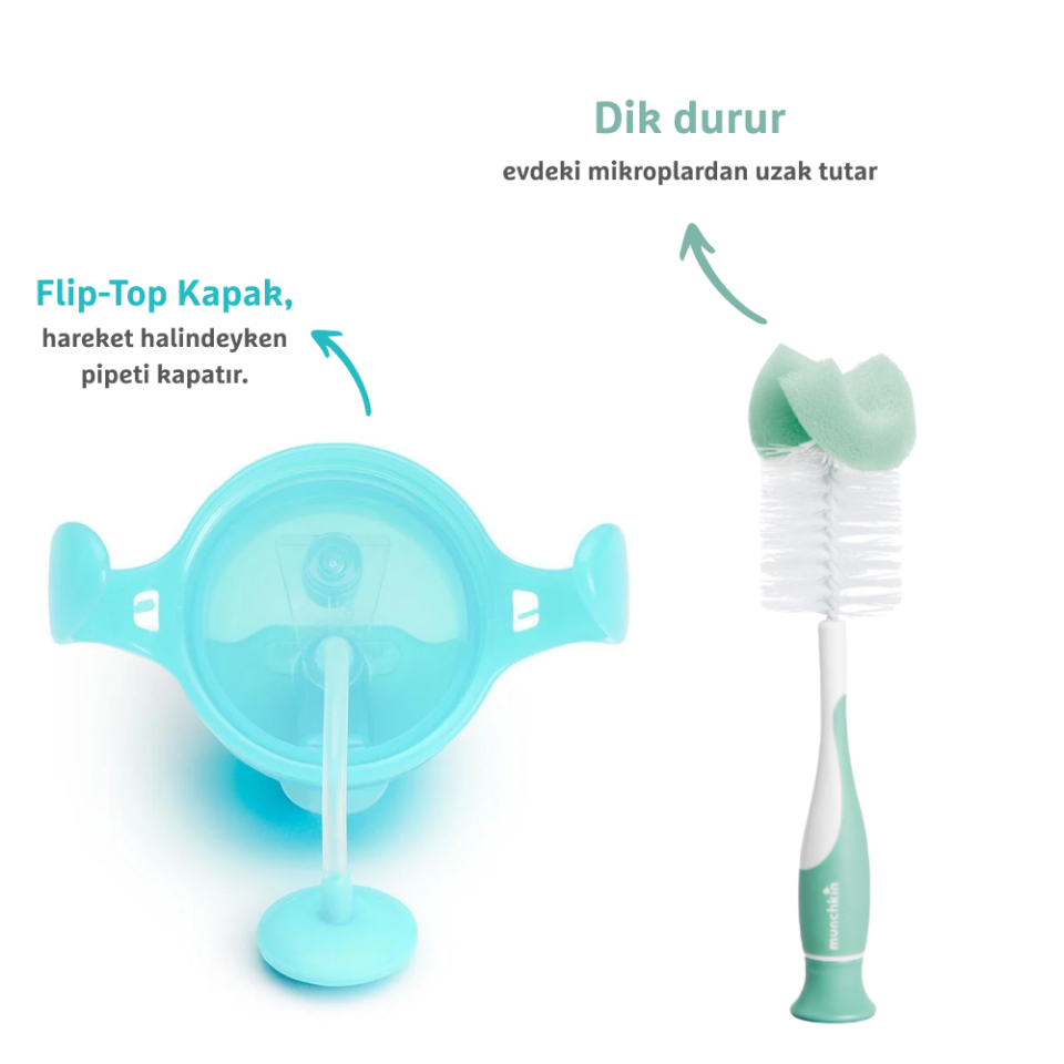 Munchkin Tıklama Kilitli Uçlu Pipetli Alıştırma Bardağı, 6ay+, 207ml, Mavi ve Sünger Uçlu Biberon, Bardak ve Şişe Temizleme Fırçası,Yeşil